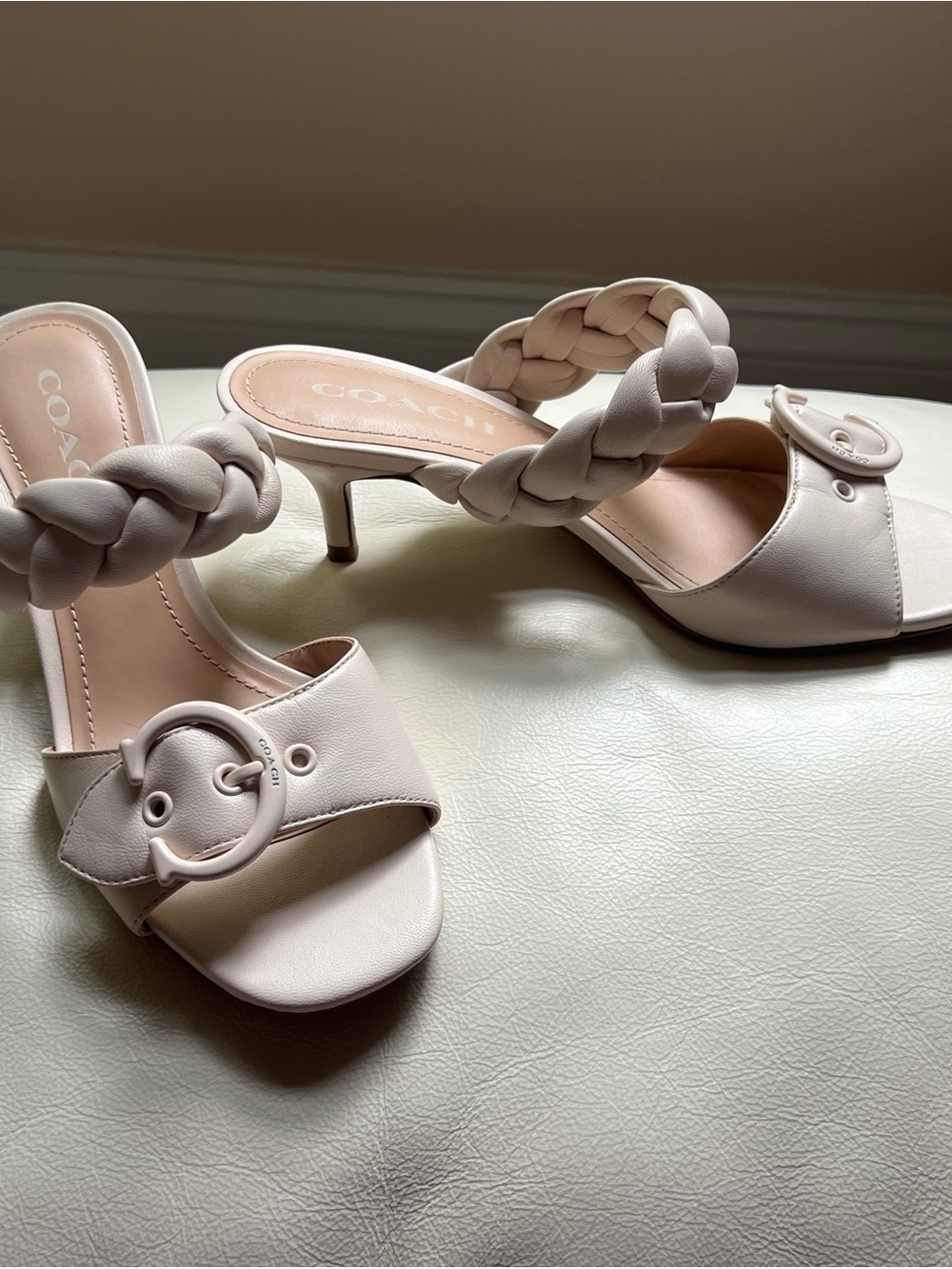 Coach Braided-Strap Mid Heel Sandals in Cream